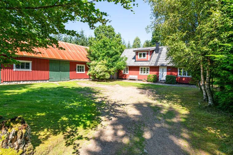 Infarten med ladan till vänster och huset mellan träden